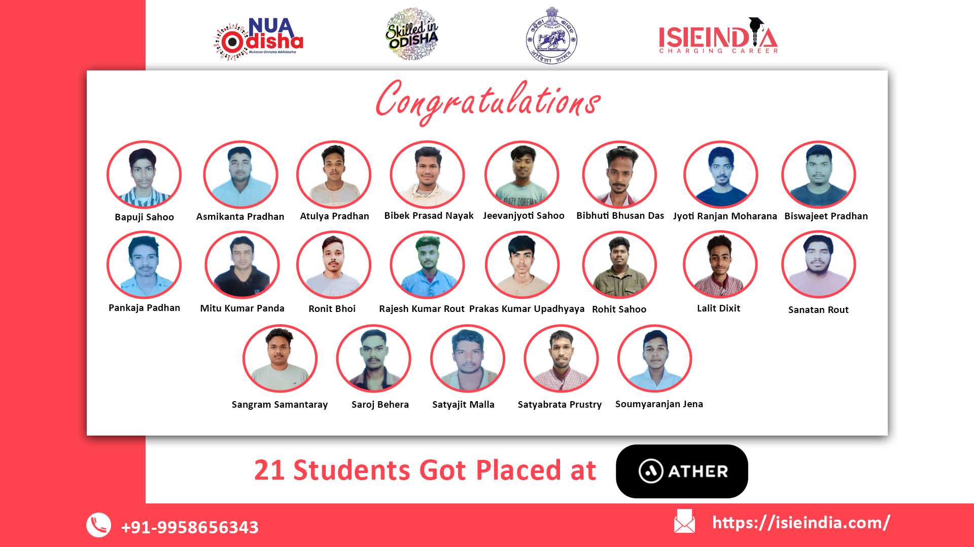 Ather placement From ISIEINDIA 21 ISIEINDIA students from Odisha EV Assembly Technician batch placed at Ather Energy.