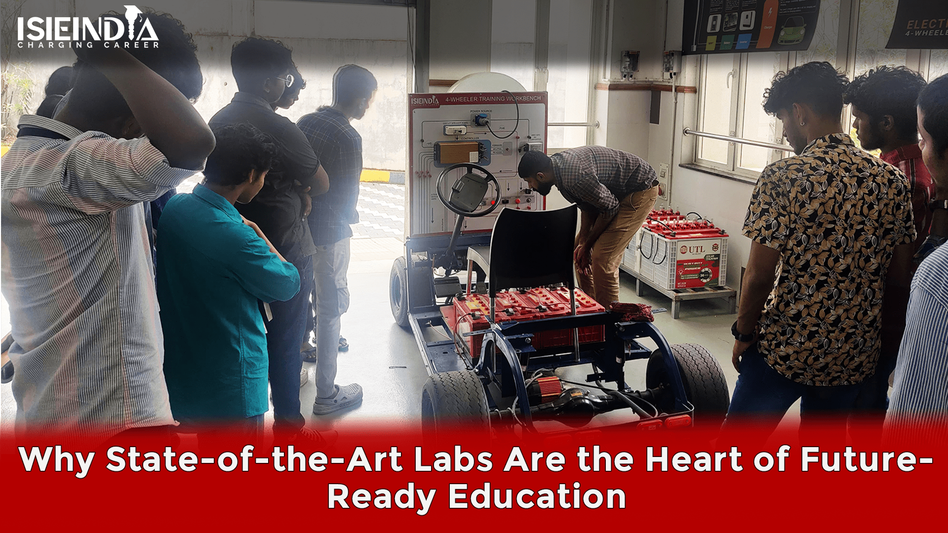 Engineering students working in a modern skill lab equipped with EV components, robotics kits, and advanced testing tools, representing future-ready education