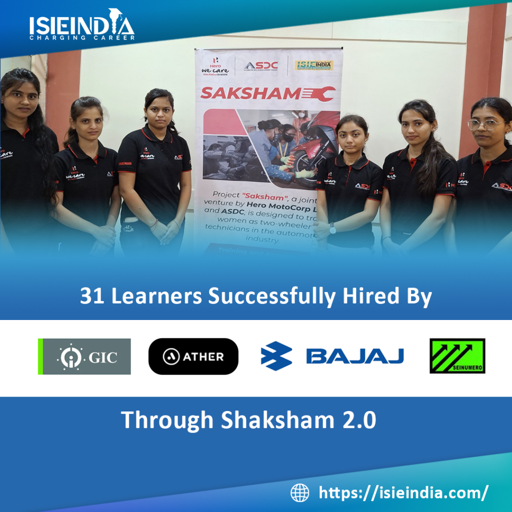 ISIEINDIA's Shaksham 2.0 program empowered 31 girl students from Shegaon with hands-on EV training, leading to successful placements in top EV and tech companies like Ather, Bajaj, and GIC. This milestone reflects our mission to build a skilled, inclusive, and future-ready workforce for India’s green mobility sector.