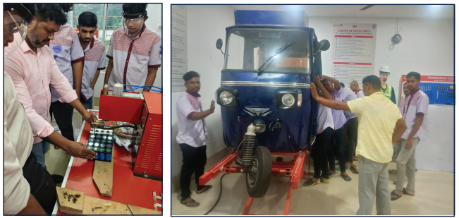 ISIEINDIA Odisha CoE Lab students receiving hands-on training in EV Assembly, Service, Powertrain & ESS